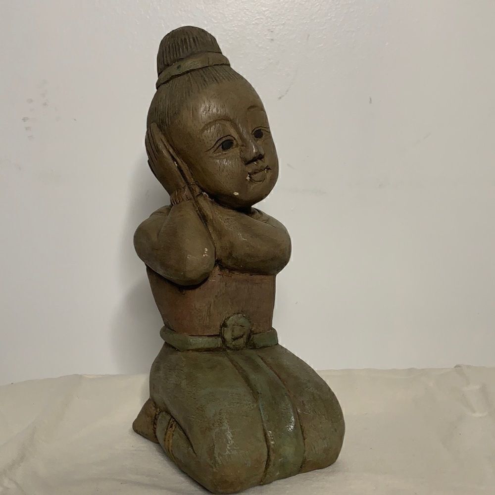 Vintage Carved Wood Asian Child Sculpture
